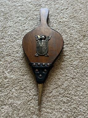 Vintage Wooden Bellows with Brass Crest and Studded Leather